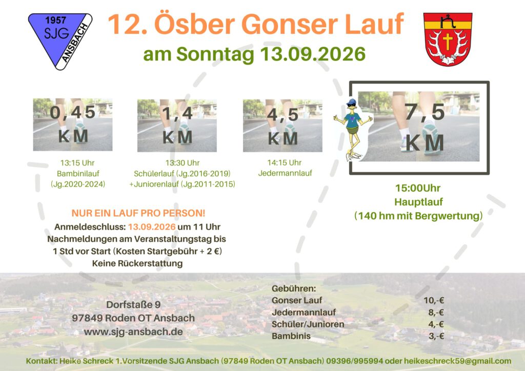 A German event poster for the 12th Ösber Gonser Run on Sunday, 13.09.2026, showing race distances of 0.45 km, 1.4 km, 4.5 km, and 7.5 km on a park-road background.