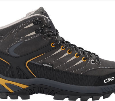 CMP Herren Trekking-Stiefel Rigel 2 in Schwarz und Grau, aus Synthetik und Textil, mit gelben Akzenten, seitlicher Profilsohle und sichtbarem CMP-Logo am Vorderfuß.