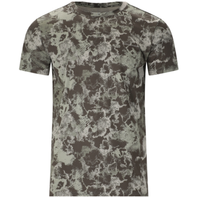 Endurance Geaymay men’s T-shirt in gray and dark brown camouflage, made of a soft knit fabric, shown front view with short sleeves and a crew neck.