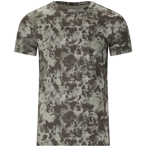 Endurance Geaymay menโs T-shirt in gray and dark brown camouflage, made of a soft knit fabric, shown front view with short sleeves and a crew neck.