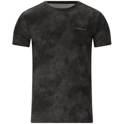 Endurance Genen men’s black T-shirt in a dark camouflage pattern, made of fabric with a small chest logo and short sleeves.