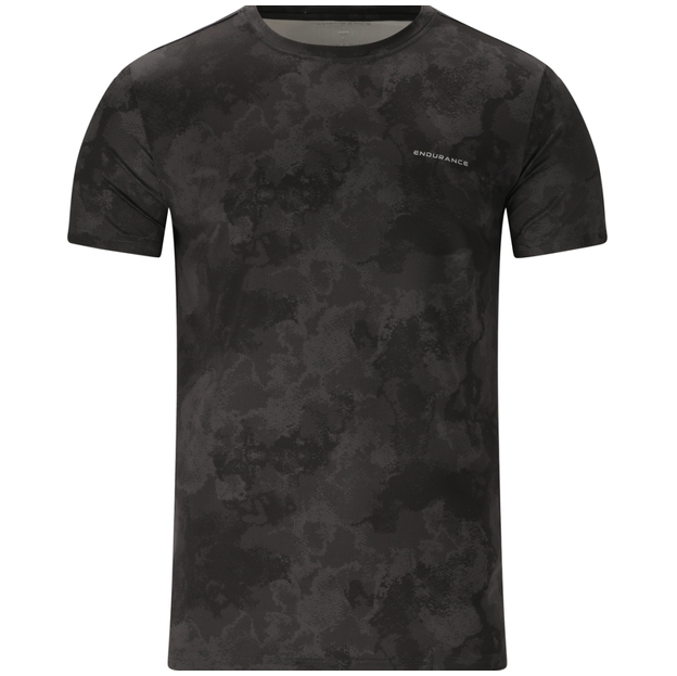 Endurance Genen menโs black T-shirt in a dark camouflage pattern, made of fabric with a small chest logo and short sleeves.
