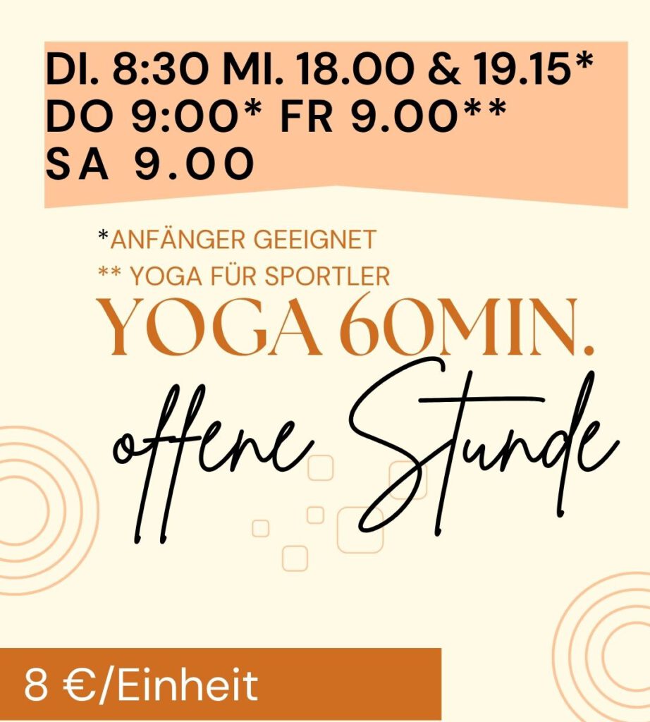 Ein Yoga-Plakat mit dem Titel „YOGA 60MIN. offene Stunde“, einem Kursplan, einem Preis von 8 €/Einheit und einem QR-Code; unten ist eine Personengruppe in einer Yoga-Position in einem Studio abgebildet.