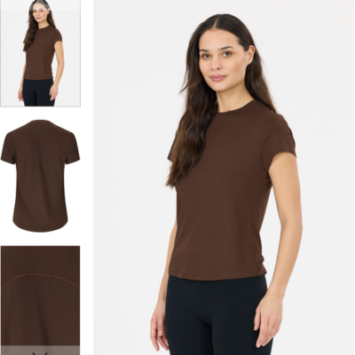 Athleticia Miw brown short-sleeve T-shirt made of textured fabric, shown on a model in a white studio with a close-up inset of the back yoke and hem.
