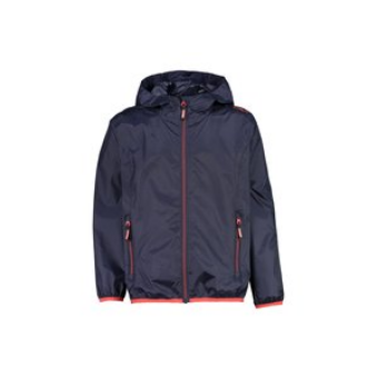 CMP Cannes children's rain jacket in navy with red trim, shown front-facing with a hood and zippered pockets.