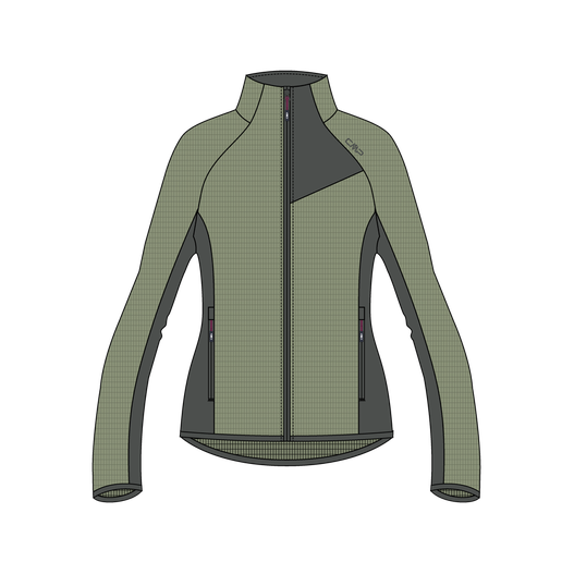 CMP Leichte Damen-Fleecejacke in olive green and dark gray, shown as a zip-front women's fleece jacket with a high collar, long sleeves, and side pockets on a white background.
