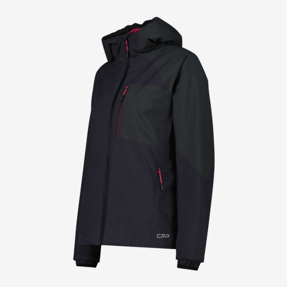 CMP Damenjacke mit fester Kapuze in black, a women’s jacket with a fixed hood, red zippers, and a small CMP logo near the hem.