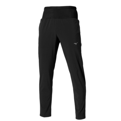 Mizuno Multi Pocket long pant in black, with a slim tapered leg and a small white logo on the upper thigh, shown front view on a plain background.