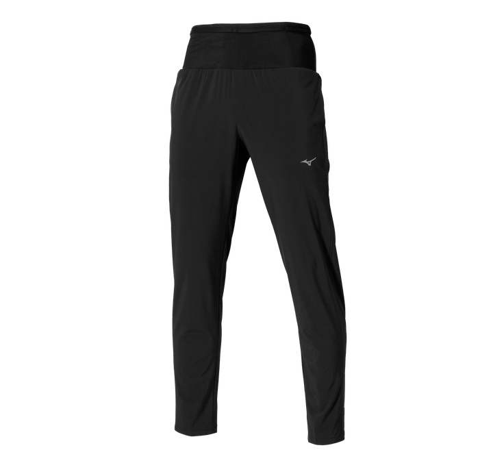 Mizuno Multi Pocket long pant in black, with a slim tapered leg and a small white logo on the upper thigh, shown front view on a plain background.