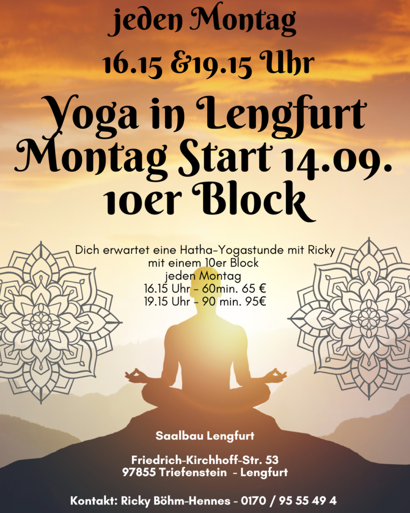 A yoga class poster for Langfurt shows a seated silhouette in lotus pose against a sunrise gradient, with decorative mandala designs and German event details.